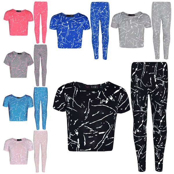 Girls Top Kids Splash Print Stylish Crop Top & Fashion Legging Set Age 7-13 Year