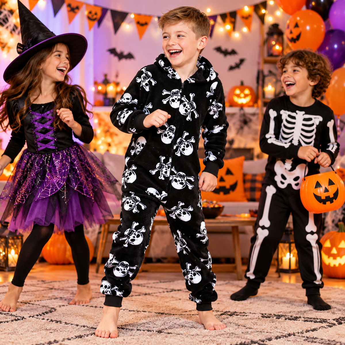 Kids Fun Halloween Skull Bones Print Onesie Pyjama Sets For Girls Boys Jumpsuit