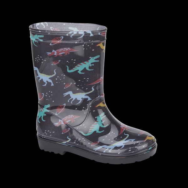 Girls Boys Dinosaur Wellington Boots Raptor Print Black Red Waterproof Wellies