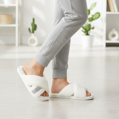 Women Crossover Slippers With Cozy Fur Memory Foam Fluffy Comfortable Sliders