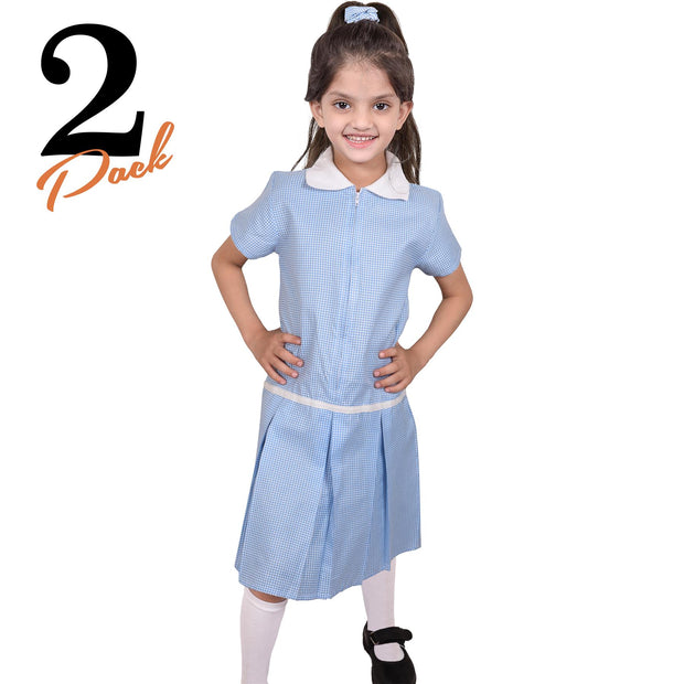 Kids Girls 2 Pack Uniform School Zip Up Gingham Dress With Matching Scrunchies - A2Z 4 Kids