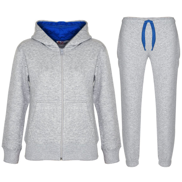 A2Z 4 Kids Plain Tracksuit Grey And Blue Contrast Fleece Hoodie with Joggers Jogging Sweatpants Pants Sports Activewear Outfit Set Unisex Childrens Girls Boys Age 5-13 Years