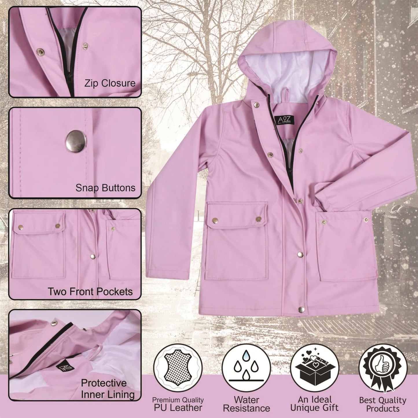 PU Raincoat Jacket Windbreaker Waterproof Parka Hooded For Girls Boys Age 5-13 Years