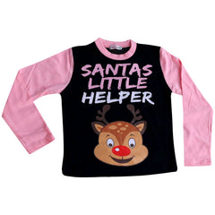 Kids Girls Boys Pyjamas Santas Little Helper Reindeer Contrast Sleeves Xmas PJS