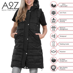 Ladies Sleeveless Gilet Oversized Hooded Quilted Gilet Padded Long Line Coat
