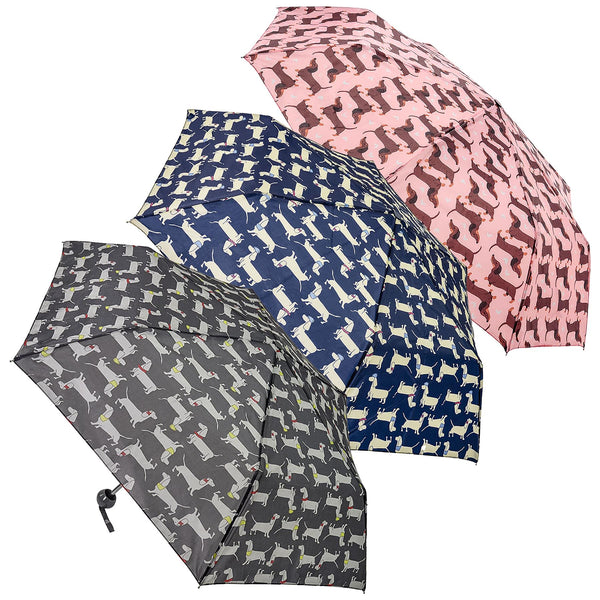 Ladies Supermini Folding Umbrella Sausage Dog AOP Lightweigh 50cm Compact Brolly