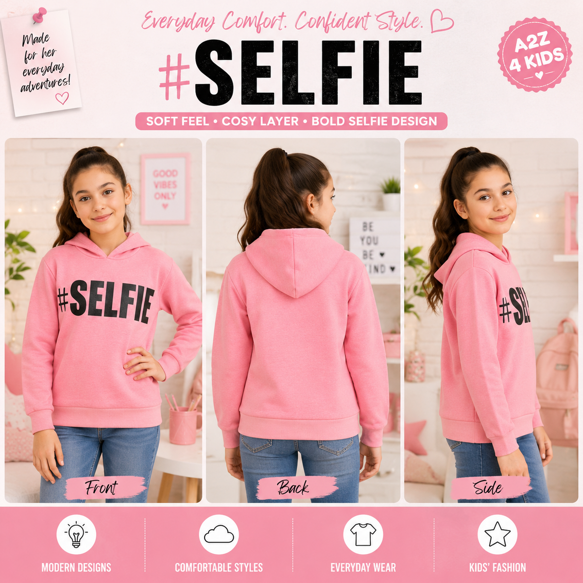 Kids Girls Boys Sweat Shirts Tops #Selfie Hooded Jumpers Hoodies New Age 2-13 Yr
