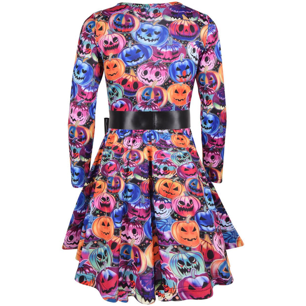 A2Z Kids Girls Skater Dress Long Sleeves Multi Color Pumpkins Print Soft Comfortable Halloween Party Fashion Dresses Age 5-6, 7-8, 9-10, 11-12 & 13 years - A2Z 4 Kids