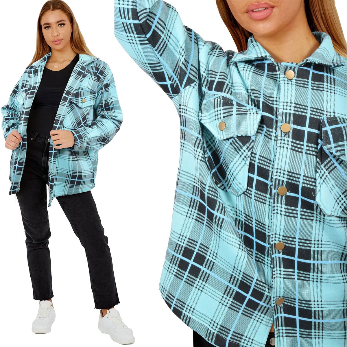 Ladies Shacket Checked Button Down Shirt Jacket Top Oversize Coat For Women