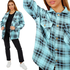 Ladies Shacket Checked Button Down Shirt Jacket Top Oversize Coat For Women