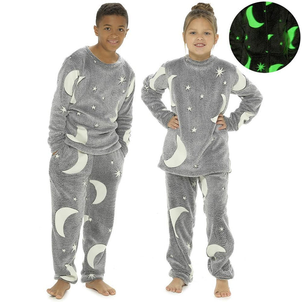 Kids Girls Boys Pyjamas Glow In The Dark Soft Flannel Fleece Sleepwear PJS Set