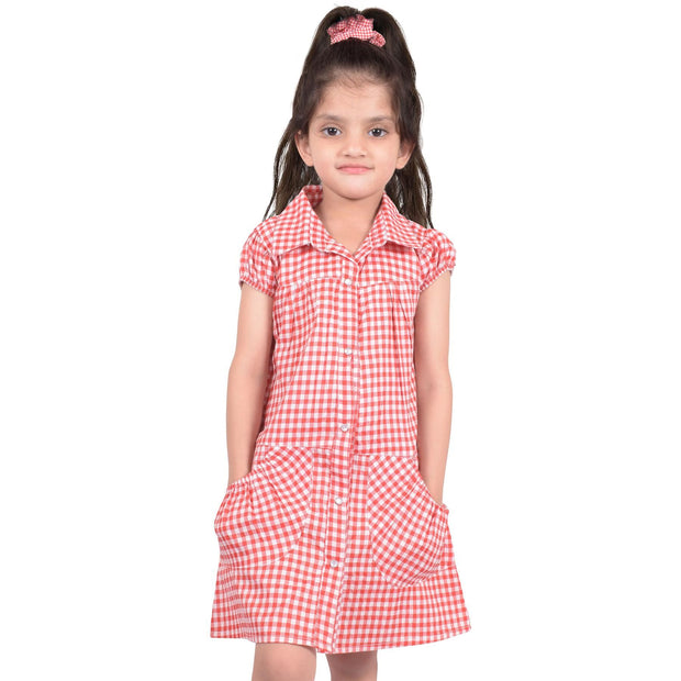 Kids Girls Gingham School Dress Check Printed Dresses With Matching Scrunchies - A2Z 4 Kids