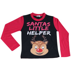 Kids Girls Boys Pyjamas Santas Little Helper Reindeer Contrast Sleeves Xmas PJS