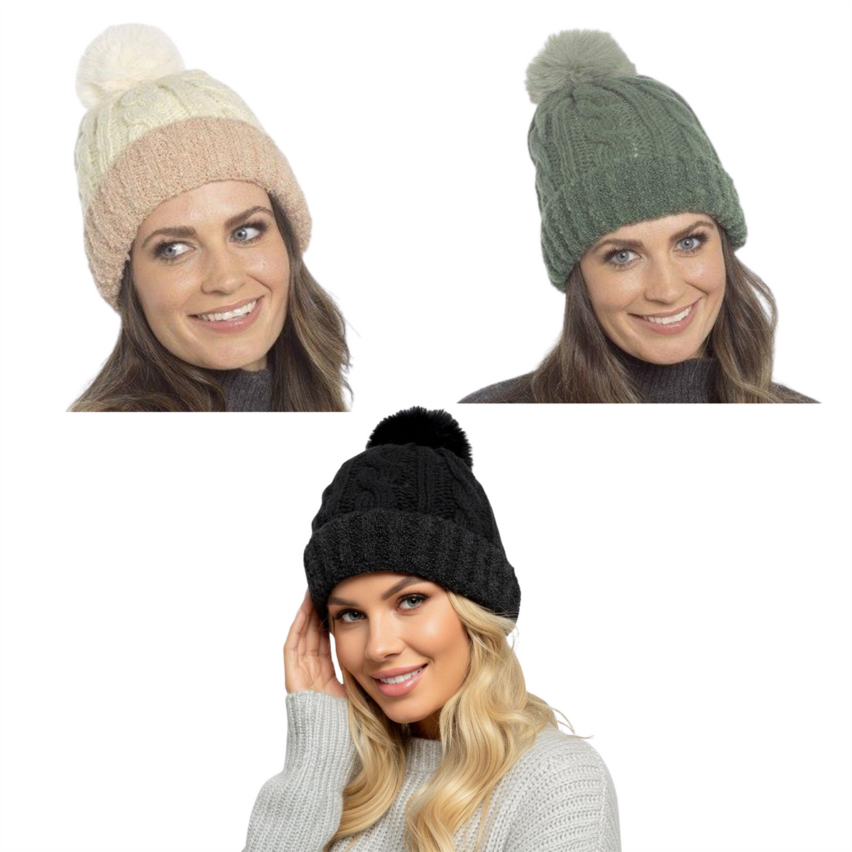 A2Z Ladies Hats Cable Chunky Bobble Knit Pom Pom Winter Warm Cozy Women Caps
