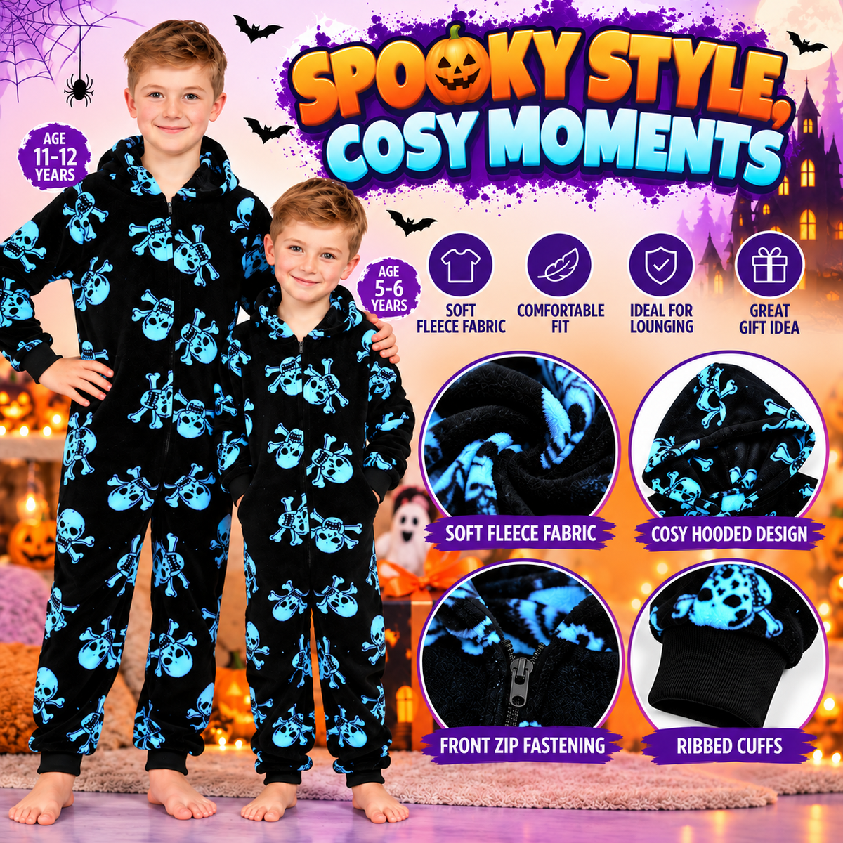 Kids Fun Halloween Skull Bones Print Onesie Pyjama Sets For Girls Boys Jumpsuit