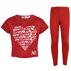 Girls Top Kids Love Print Stylish Crop Top & Fashion Legging Set Age 7-13 Years