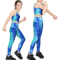 Girls Honeycomb Blue Leggings Crop Top Vest Dance Yoga Exercise High Waist Set