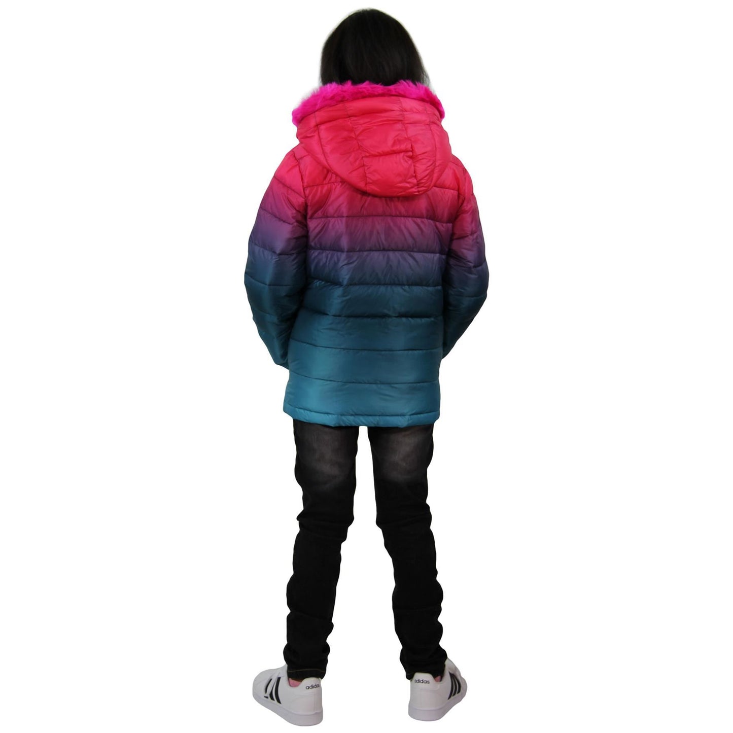 Kids Girls Puffer Jacket Faux Fur Hooded 3D Fade Gradient Padded Thick Warm Coat