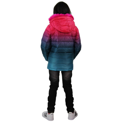 Kids Girls Puffer Jacket Faux Fur Hooded 3D Fade Gradient Padded Thick Warm Coat