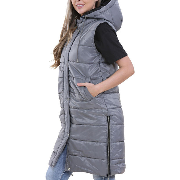 A2Z Ladies Adults Steel Grey Hooded Quilted Gilet Sleeveless Oversized Padded Gilet Long Line Vest Jacket Sleeveless Coat Urban Winter Wear S-4XL