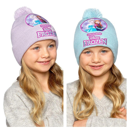 Disney Frozen Girls Lilac Blue Embroidered Pom Pom Winter Beanie Hats 2 Pack