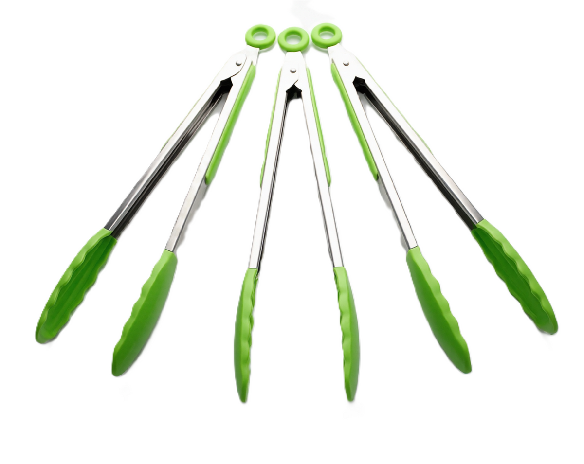 Silicone Grip Tongs Pack of 3 Heat Resistant Kitchen BBQ Cooking Serving Tongs