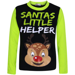 Kids Girls Boys Pyjamas Santas Little Helper Reindeer Contrast Sleeves Xmas PJS