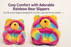 Kids Girls Womens 3D Rainbow Bear Slippers Cute Animal Face Soft Plush Warm Shoe