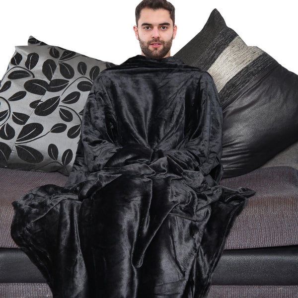 Unisex Men Ladies Black Wearable Snuggle Sleeves Blanket Super Soft Warm Fleece