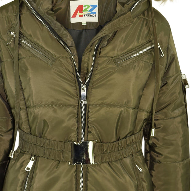 A2Z 4 Kids Kids Girls Jackets Olive Puffer Hooded Stylish Detachable Faux Fur Padded Zipped Belted Slim Fit Warm Coats New Age 5 6 7 8 9 10 11 12 13 Years