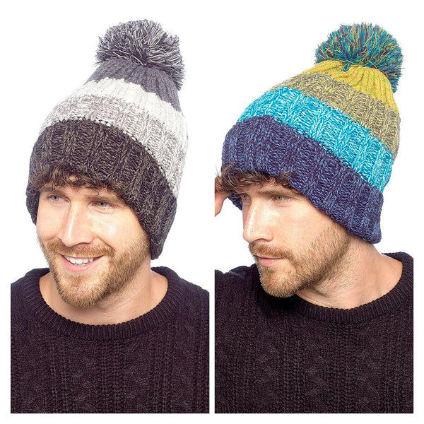 A2Z Mens Waterproof Knitted Stripe Beanie Hat Warm Sherpa Lining  Bobble Hat