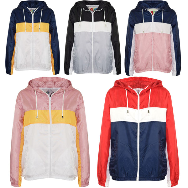 Kids Boys Girls Windbreaker Contrast Block Hooded Jackets Rain Mac Raincoat 5-13