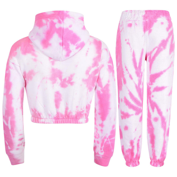Kids Tie Dye Tracksuit Gym Cropped Hoodie Sweatpants Cord Set Girls Age 5-13