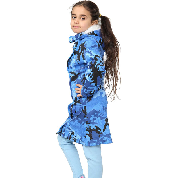 A2Z 4 Kids Camouflage Blue Parka Jacket Faux Fur Hooded Coat Drawstring Waist Fashion Girls Age 5-13 Years