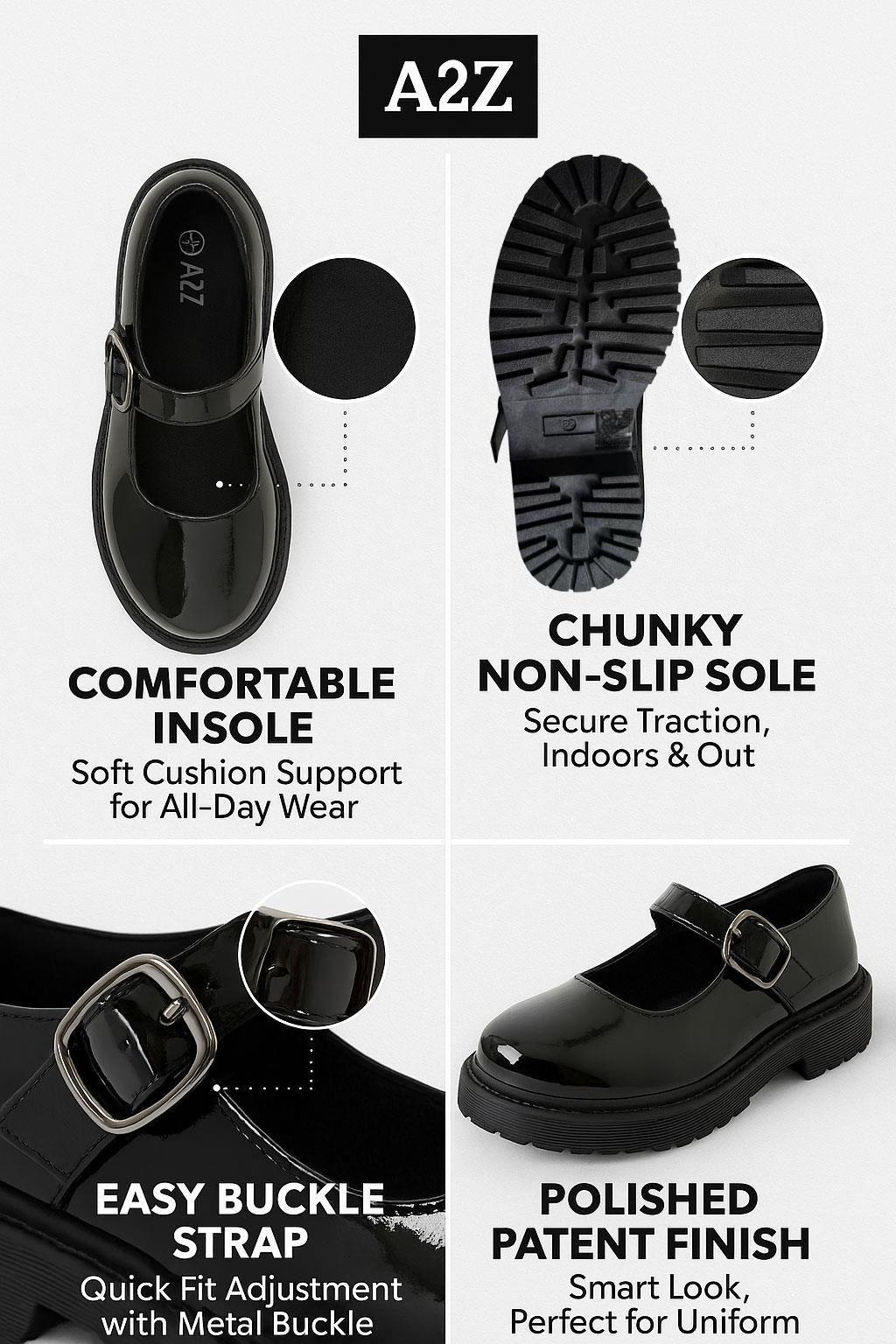 A2Z Girls Teens Womens Black Patent Mary Jane School Shoes Smart Buckle Footwear