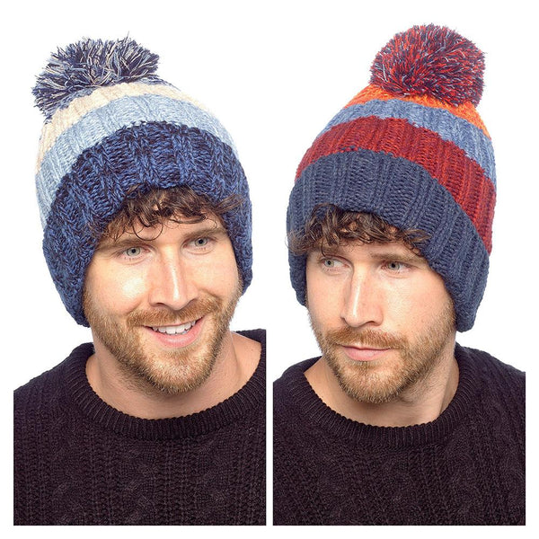 A2Z Mens Knitted Twist Yarn Stripe Beanie Hat Warm Winter Thermal Cable Knit Hat
