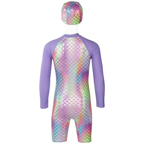 Kids Girls Rainbow Swimsuit With Hat Surfing Diving Quick Dry Swimwear Suit