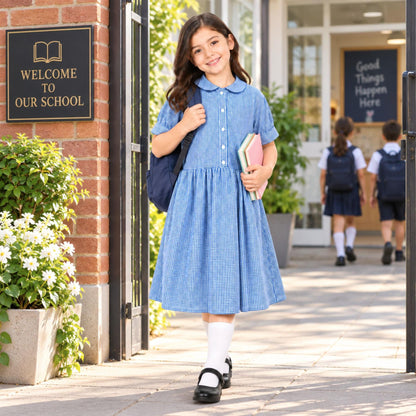 Girls School Gingham Dress Soft Fabric Check Print Front Button Closure Dress