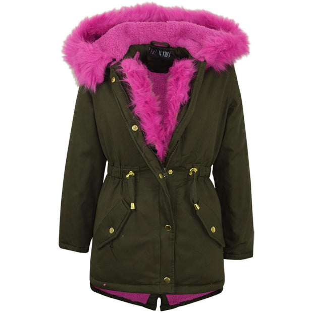 Kids Hooded Jacket Girls Fur Parka School Jackets Outwear Coat 5-13 Years