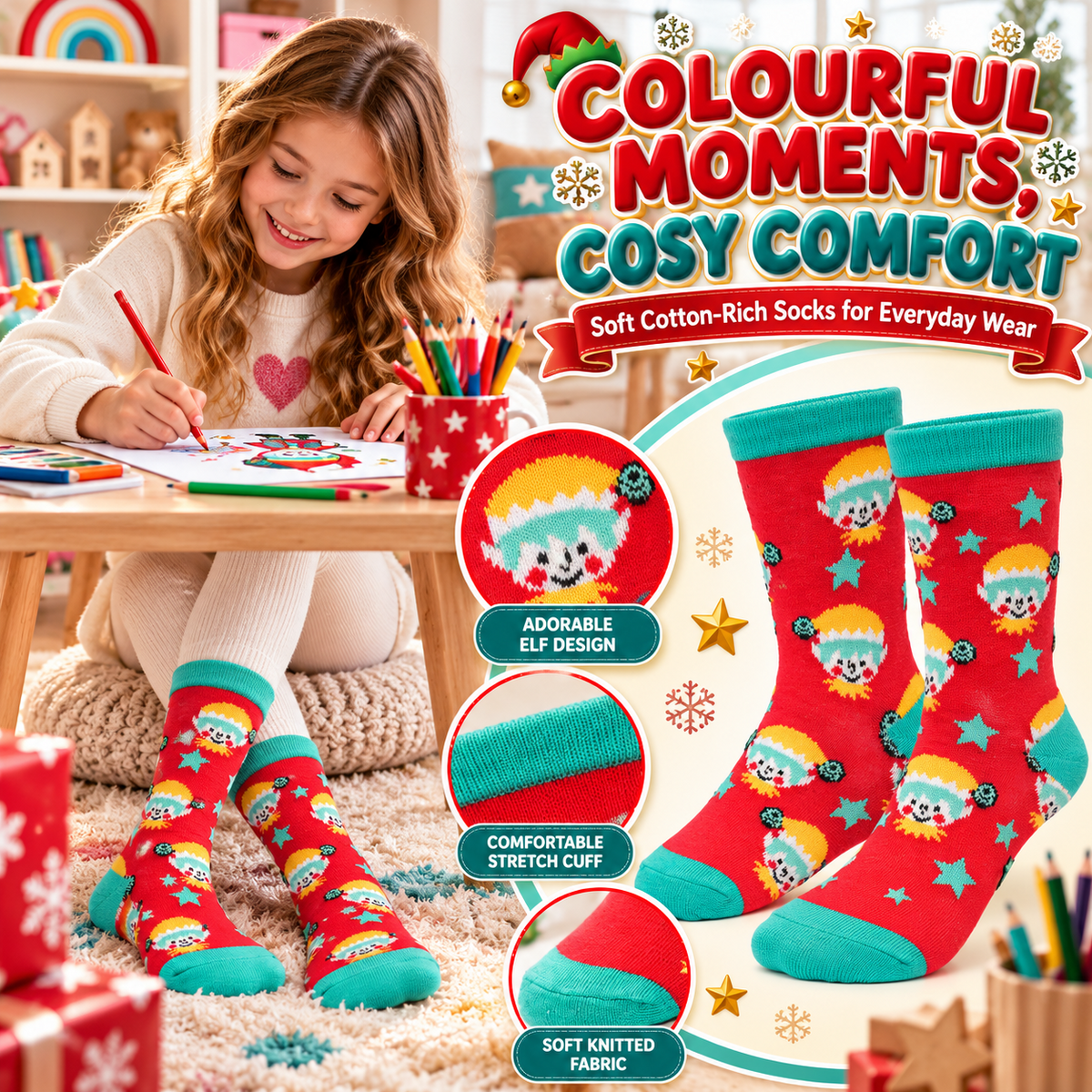 Kids Boys Girls Cotton Rich Christmas Socks Xmas Festive Soft Winter Socks