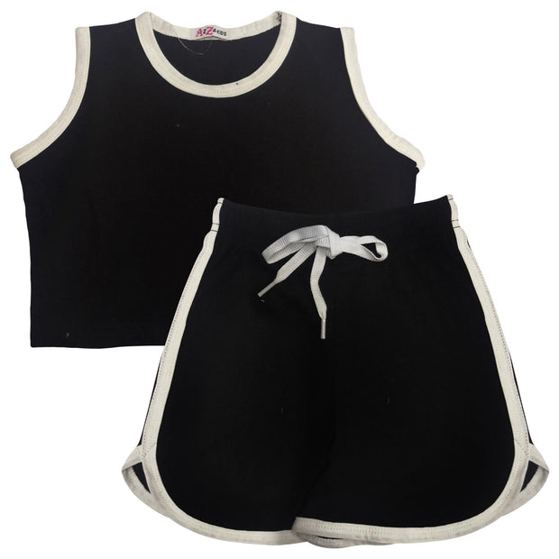 A2Z 4 Kids Kids Girls Shorts Set 100% Cotton Contrast Taped Trendy Fashion Summer Black & White T Shirt Top and Hot Short Pants Outfit Set New Age 5 6 7 8 9 10 11 12 13 Years