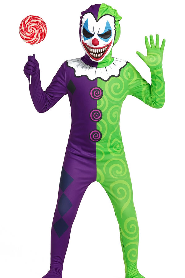 Kids Scary Creepy Clown Halloween Fancy Dress Jester Costume with Mask 3-14 Yrs