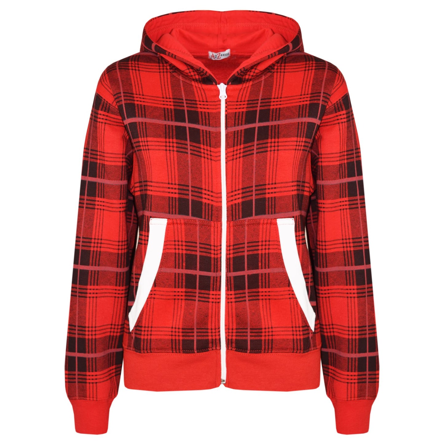 Kids Jacket Boys Girls Fleece Tartan Print Zipped Top Hooded Hoodie 5-13 Years