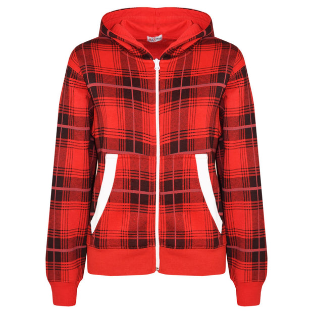 Kids Jacket Boys Girls Fleece Tartan Print Zipped Top Hooded Hoodie 5-13 Years