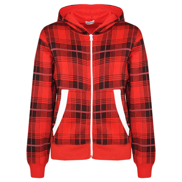 Kids Jacket Boys Girls Fleece Tartan Print Zipped Top Hooded Hoodie 5-13 Years