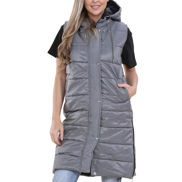 A2Z Ladies Adults Steel Grey Hooded Quilted Gilet Sleeveless Oversized Padded Gilet Long Line Vest Jacket Sleeveless Coat Urban Winter Wear S-4XL