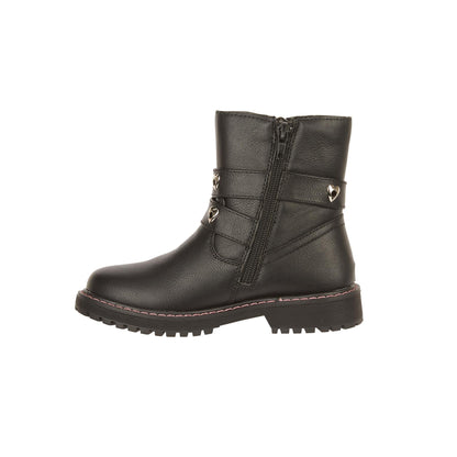 Kids Girls Ankle Boots PU Leather Back To School Zip Up Double Strap Heart Shoes