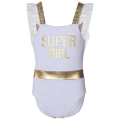 Kids Girls One Piece Swimsuit Gold Trim Super Girl Beach Surfing Swimwear 2-14