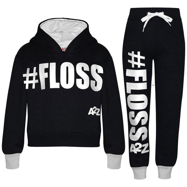 A2Z 4 Kids Girls Tracksuit Designer's #Floss Print Fleece Black & White Hooded Crop Top Bottom Jogging Suit Joggers Age 5 6 7 8 9 10 11 12 13 Years