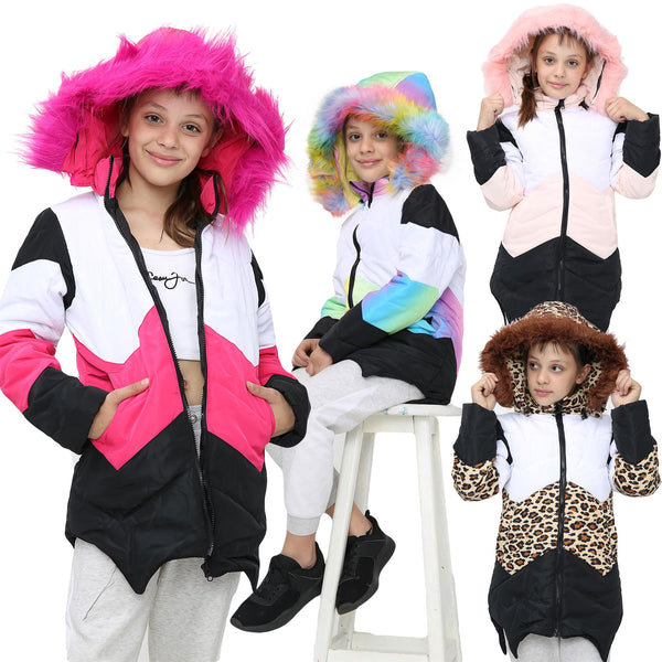 Kids Hooded Contrast Panel Puffer Coat Faux Fur Jacket For Girls 2-13yrs